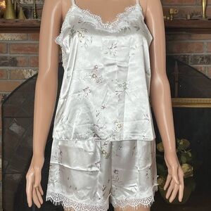 Floral Lace Trim Satin Pajama Set